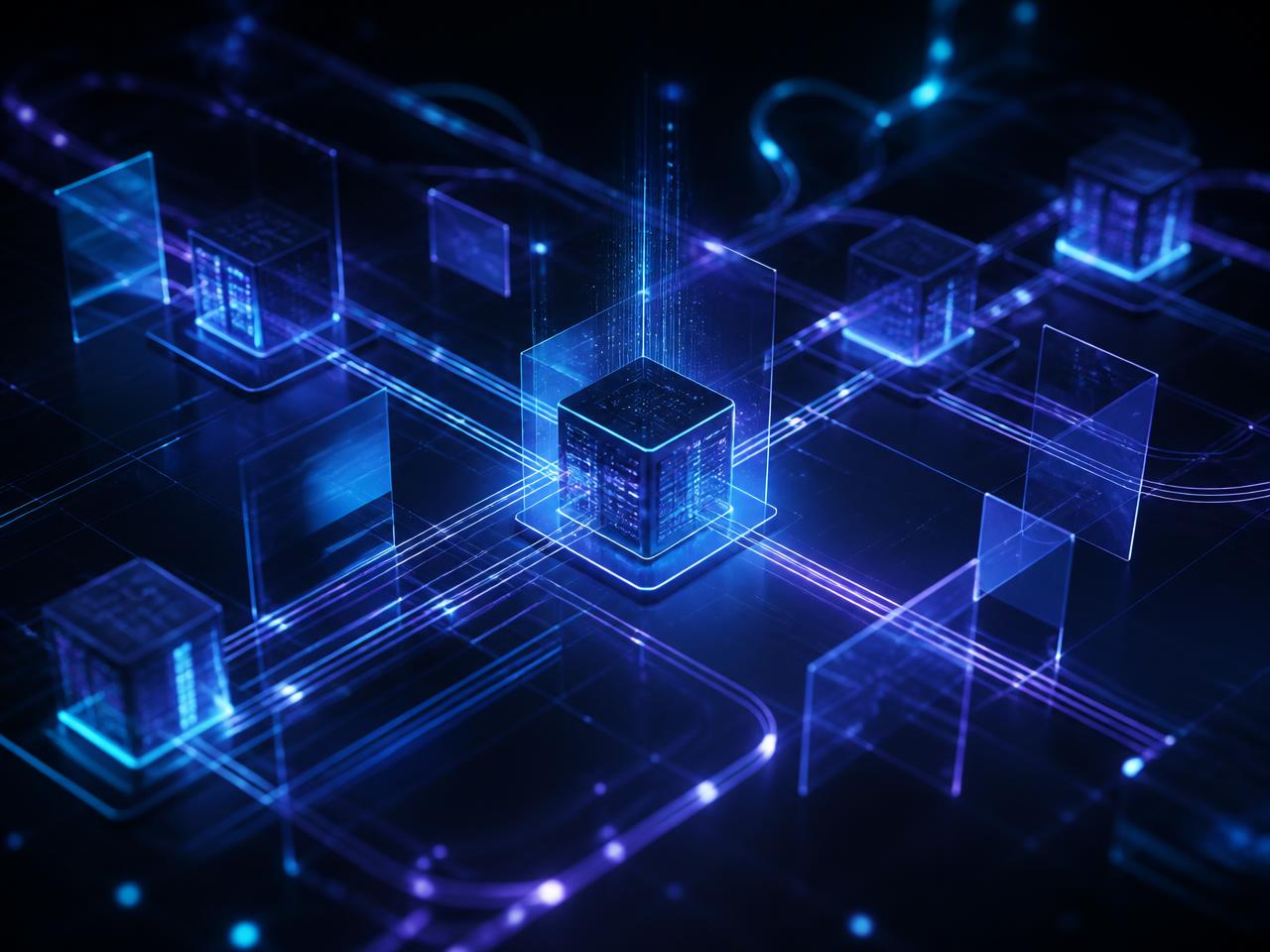 Illustration of connected cloud servers and glass network panels